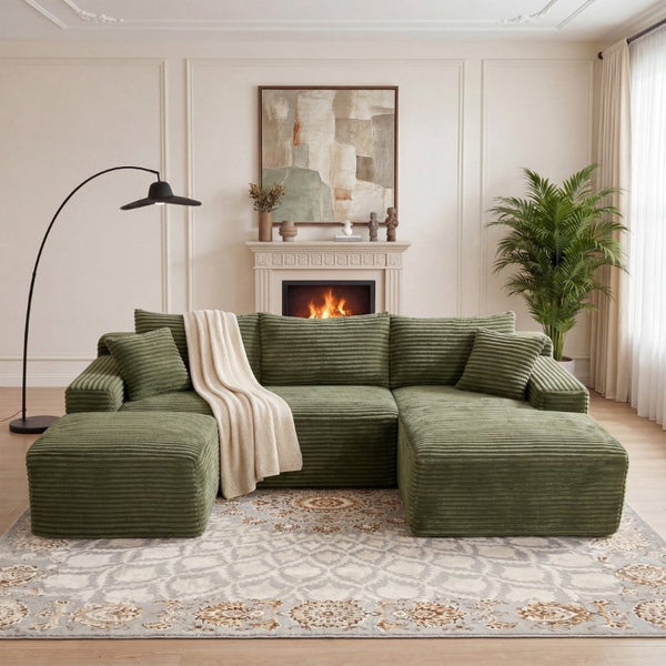 English Elm 94.5 Inch Corduroy Modular U-Shaped Sectional with Deep Cushions and Side Pockets W5515S00050