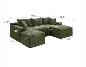English Elm 94.5 Inch Corduroy Modular U-Shaped Sectional with Deep Cushions and Side Pockets W5515S00050