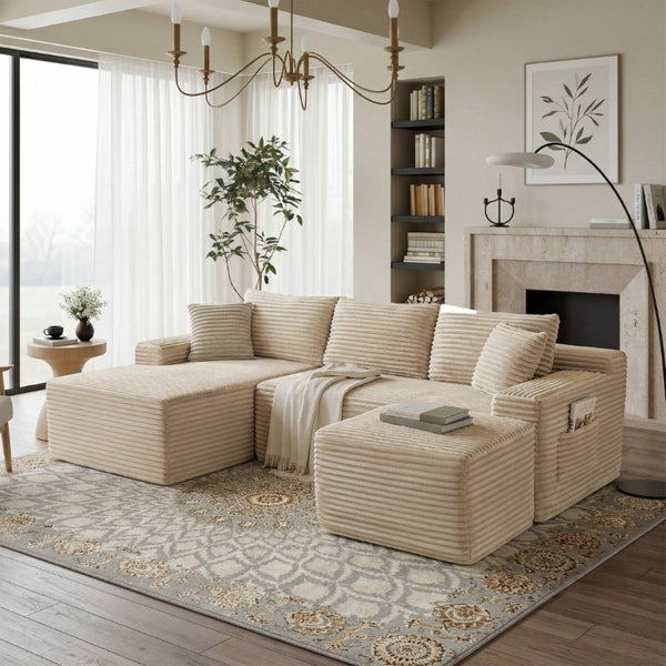 English Elm 94.5 Inch Corduroy U-Shaped Modular Sectional with Deep Seat and Ottoman for Apartments W5515S00051