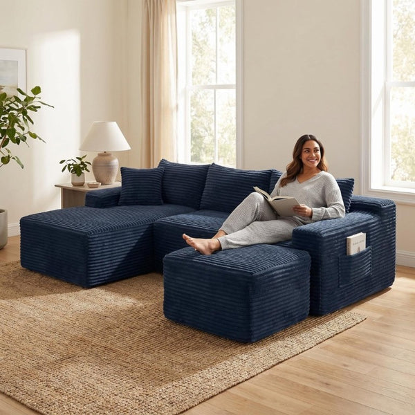 English Elm 94.5 Inch Overstuffed Corduroy U-Shaped Sectional with No Assembly and Built-In Pockets W5515S00053