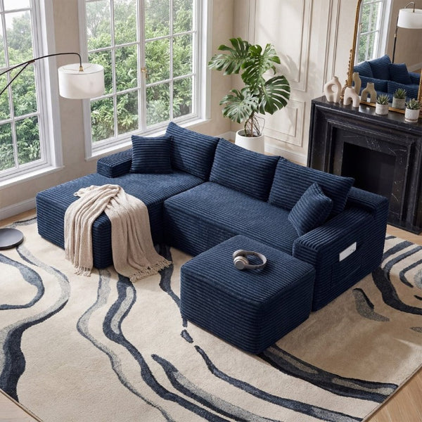 English Elm 94.5 Inch Overstuffed Corduroy U-Shaped Sectional with No Assembly and Built-In Pockets W5515S00053