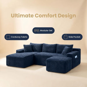 English Elm 94.5 Inch Overstuffed Corduroy U-Shaped Sectional with No Assembly and Built-In Pockets W5515S00053