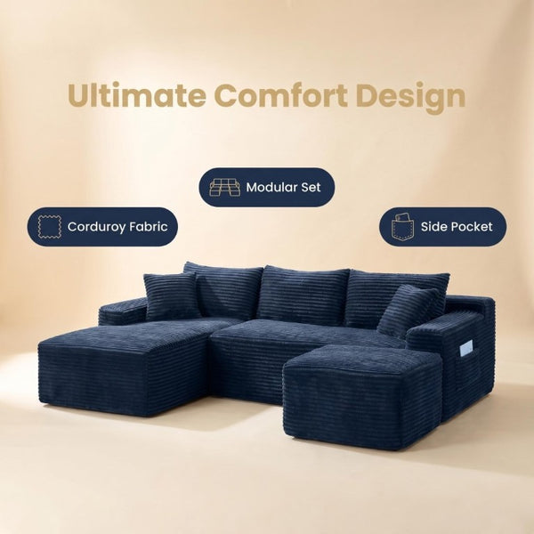English Elm 94.5 Inch Overstuffed Corduroy U-Shaped Sectional with No Assembly and Built-In Pockets W5515S00053