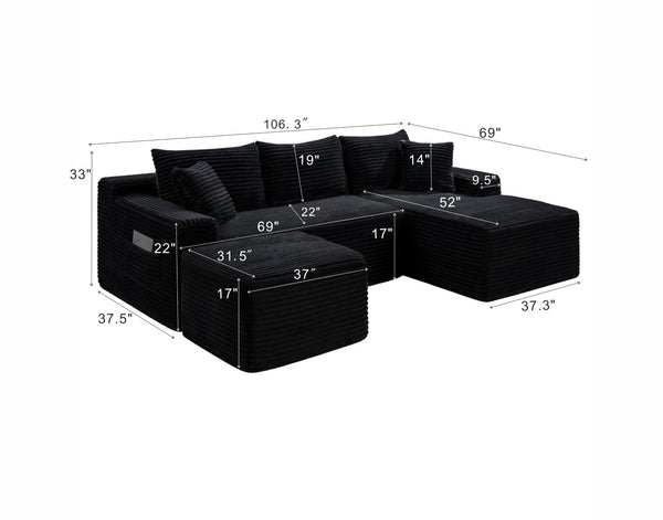 English Elm 106.3 Inch U-Shaped Cloud Sectional Sofa Corduroy Deep Seat Modular Living Room Couch W5515S00055