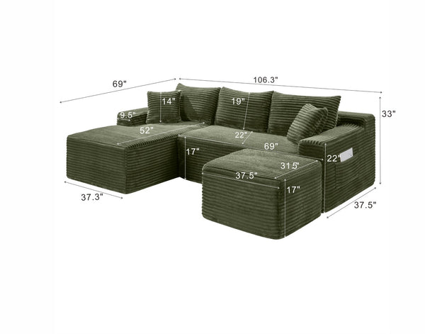 English Elm 106.3 Inch U-Shaped Modular Cloud Sectional Corduroy Sofa Deep Seat Legless Lounge W5515S00059