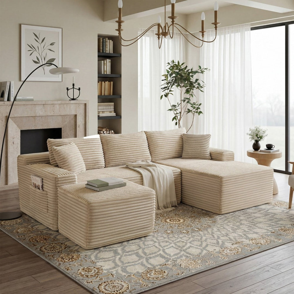English Elm 106.3 Inch U-Shaped Corduroy Cloud Sectional Deep Seat Modular Sofa for Living Room W5515S00062