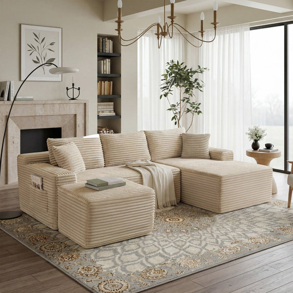 English Elm 106.3 Inch U-Shaped Corduroy Cloud Sectional Deep Seat Modular Sofa for Living Room W5515S00062