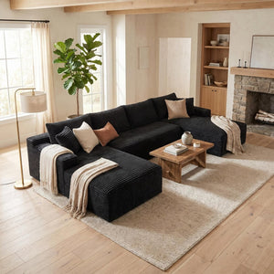 English Elm 132.1" Oversized U-shaped Modular Cloud Sofa Ribbed Corduroy Floor-flush Living Room Couch Black W5515S00070