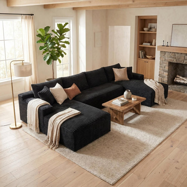 English Elm 132.1" Oversized U-shaped Modular Cloud Sofa Ribbed Corduroy Floor-flush Living Room Couch Black W5515S00070