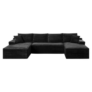 English Elm 132.1" Oversized U-shaped Modular Cloud Sofa Ribbed Corduroy Floor-flush Living Room Couch Black W5515S00070