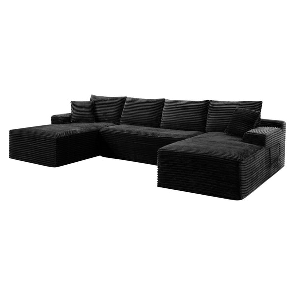 English Elm 132.1" Oversized U-shaped Modular Cloud Sofa Ribbed Corduroy Floor-flush Living Room Couch Black W5515S00070
