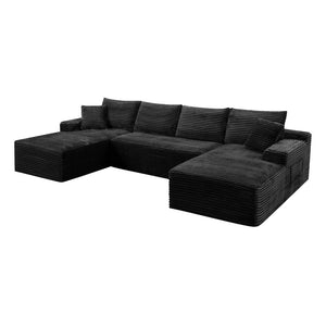 English Elm 132.1" Oversized U-shaped Modular Cloud Sofa Ribbed Corduroy Floor-flush Living Room Couch Black W5515S00070