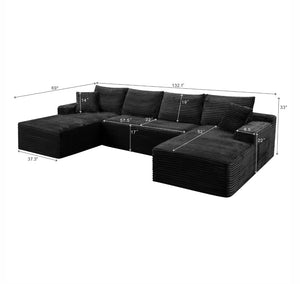English Elm 132.1" Oversized U-shaped Modular Cloud Sofa Ribbed Corduroy Floor-flush Living Room Couch Black W5515S00070