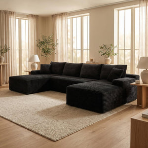 English Elm 132.1" Oversized U-shaped Modular Cloud Sofa Ribbed Corduroy Floor-flush Living Room Couch Black W5515S00070