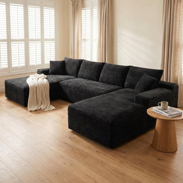 English Elm 132.1" Oversized U-shaped Modular Cloud Sofa Ribbed Corduroy Floor-flush Living Room Couch Black W5515S00070