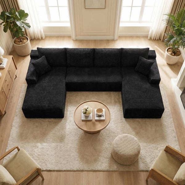 English Elm 132.1" Oversized U-shaped Modular Cloud Sofa Ribbed Corduroy Floor-flush Living Room Couch Black W5515S00070