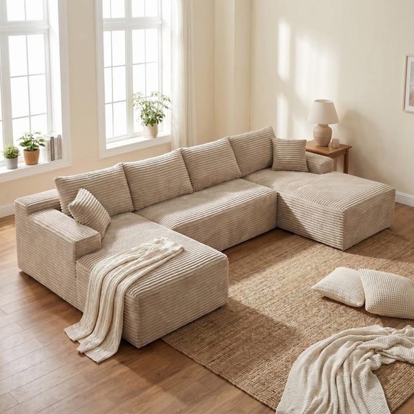 English Elm 132.1" Oversized U-shaped Modular Cloud Sofa Ribbed Corduroy Floor-flush Living Room Couch Camel W5515S00071