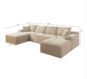 English Elm 132.1" Oversized U-shaped Modular Cloud Sofa Ribbed Corduroy Floor-flush Living Room Couch Camel W5515S00071