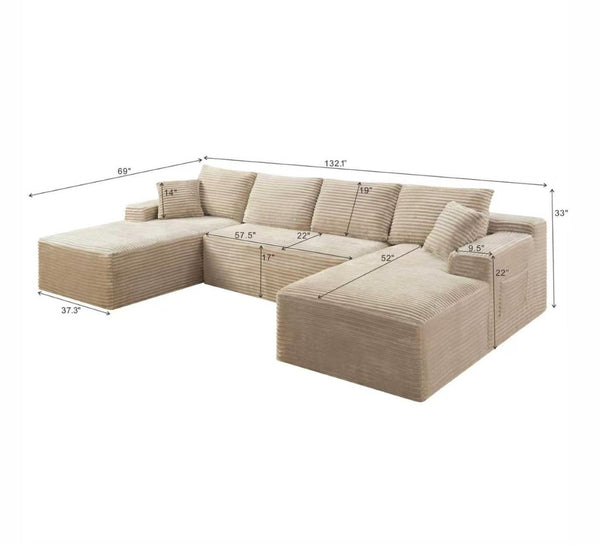 English Elm 132.1" Oversized U-shaped Modular Cloud Sofa Ribbed Corduroy Floor-flush Living Room Couch Camel W5515S00071