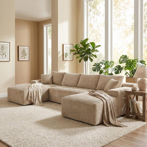 English Elm 132.1" Oversized U-shaped Modular Cloud Sofa Ribbed Corduroy Floor-flush Living Room Couch Camel W5515S00071