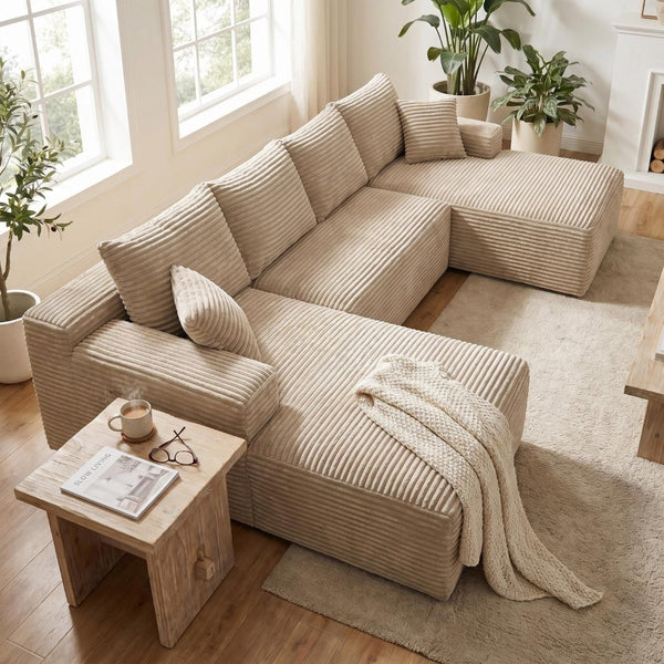 English Elm 132.1" Oversized U-shaped Modular Cloud Sofa Ribbed Corduroy Floor-flush Living Room Couch Camel W5515S00071