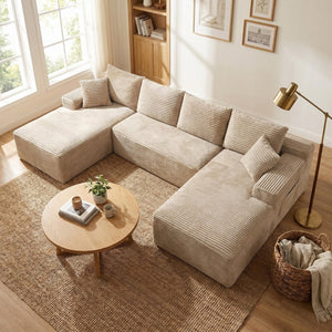 English Elm 132.1" Oversized U-shaped Modular Cloud Sofa Ribbed Corduroy Floor-flush Living Room Couch Camel W5515S00071