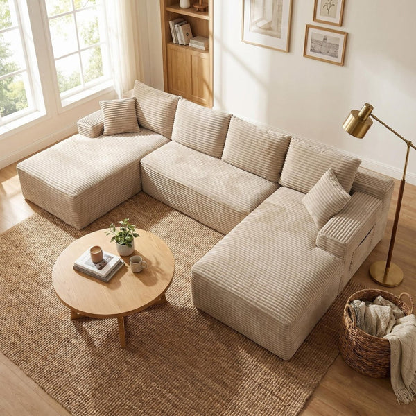 English Elm 132.1" Oversized U-shaped Modular Cloud Sofa Ribbed Corduroy Floor-flush Living Room Couch Camel W5515S00071