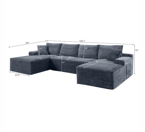English Elm 132.1" Oversized U-shaped Modular Cloud Sofa Ribbed Corduroy Floor-flush Living Room Couch Gray W5515S00072