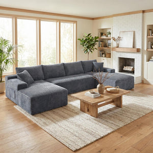 English Elm 132.1" Oversized U-shaped Modular Cloud Sofa Ribbed Corduroy Floor-flush Living Room Couch Gray W5515S00072