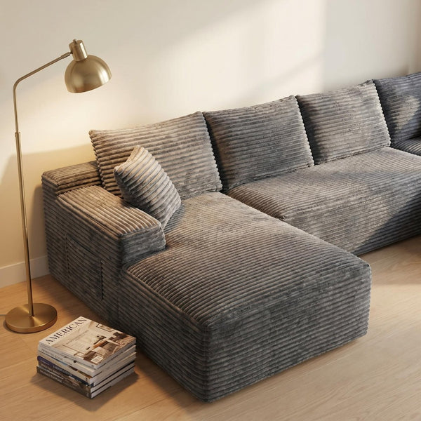 English Elm 132.1" Oversized U-shaped Modular Cloud Sofa Ribbed Corduroy Floor-flush Living Room Couch Gray W5515S00072