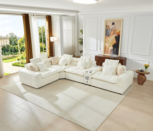 English Elm 137.7 Inch Boucle Modular Sectional Sofa Deep Seat L Shaped Cloud Couch for Living Room White W5515S00073