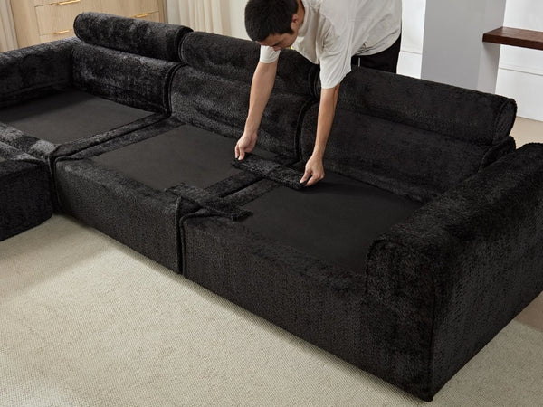 English Elm 137.7 Inch Boucle Modular Sectional Sofa Deep Seat L Shaped Cloud Couch for Living Room Black W5515S00074