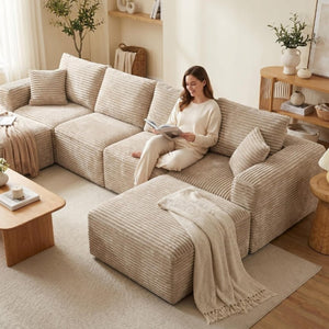 English Elm 133.2 Inch Corduroy Modular Sectional Sofa U Shaped for Spacious Living Rooms Camel W5515S00078