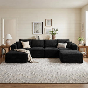 English Elm 133.2 Inch Corduroy Modular Sectional Sofa U Shaped for Spacious Living Rooms Black W5515S00080