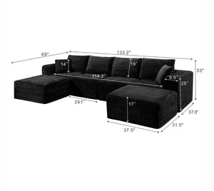 English Elm 133.2 Inch Corduroy Modular Sectional Sofa U Shaped for Spacious Living Rooms Black W5515S00080