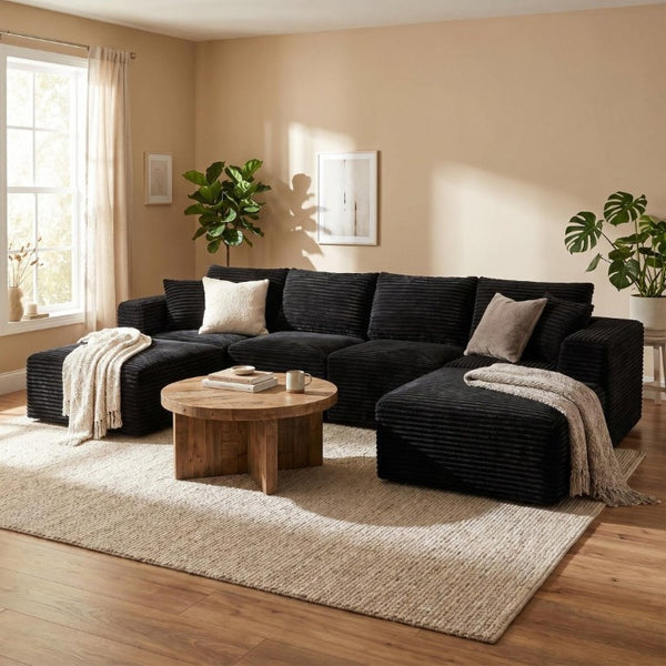 English Elm 133.2 Inch Corduroy Modular Sectional Sofa U Shaped for Spacious Living Rooms Black W5515S00080
