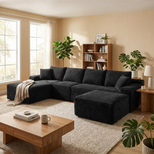 English Elm 135.4 Corduroy Modular U-Shaped Sectional Low Profile Sofa for Casual Living Rooms W5515S00081