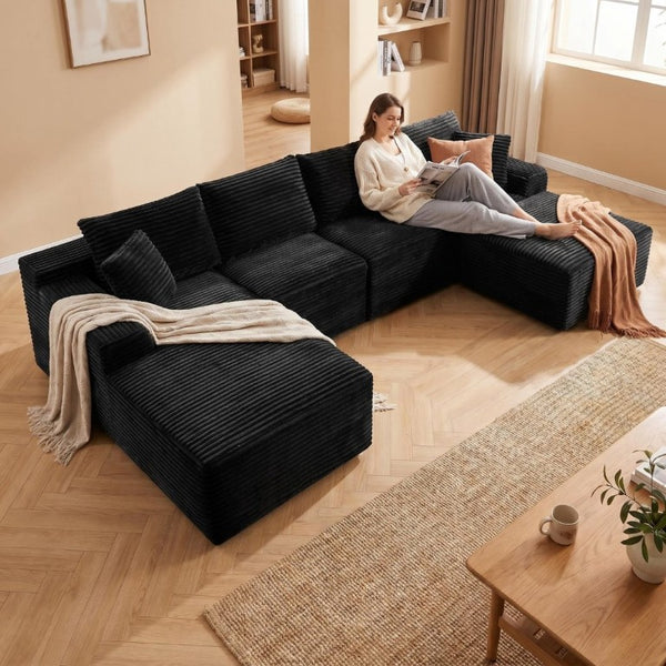 English Elm 135.4 Corduroy Modular U-Shaped Sectional Low Profile Sofa for Casual Living Rooms W5515S00081