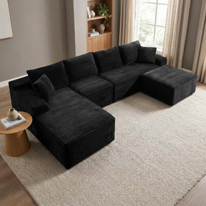 English Elm 135.4 Corduroy Modular U-Shaped Sectional Low Profile Sofa for Casual Living Rooms W5515S00081