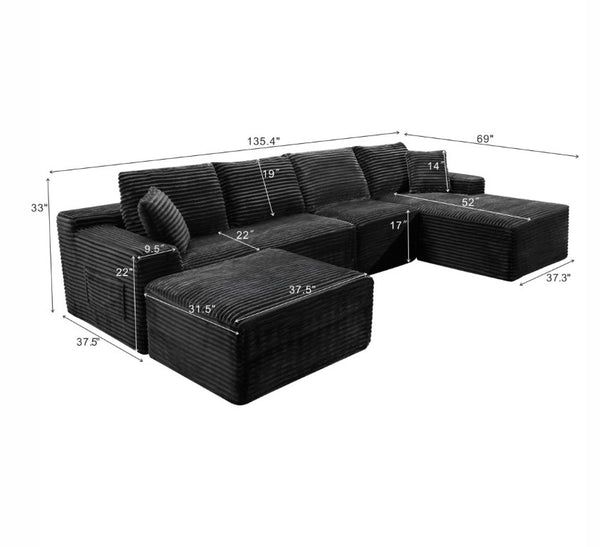 English Elm 135.4 Corduroy Modular U-Shaped Sectional Sofa Cozy Ribbed Fabric Lounge Seating W5515S00082