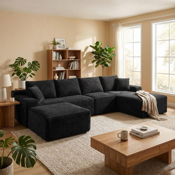 English Elm 135.4 Corduroy Modular U-Shaped Sectional Sofa Cozy Ribbed Fabric Lounge Seating W5515S00082