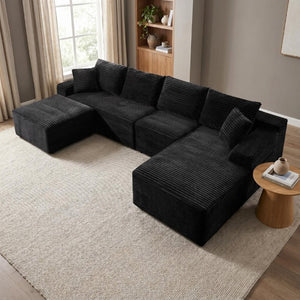 English Elm 135.4 Corduroy Modular U-Shaped Sectional Sofa Cozy Ribbed Fabric Lounge Seating W5515S00082