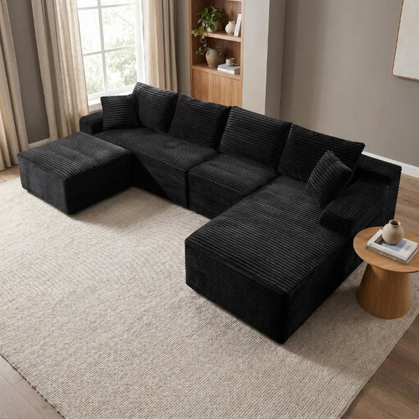 English Elm 135.4 Corduroy Modular U-Shaped Sectional Sofa Cozy Ribbed Fabric Lounge Seating W5515S00082