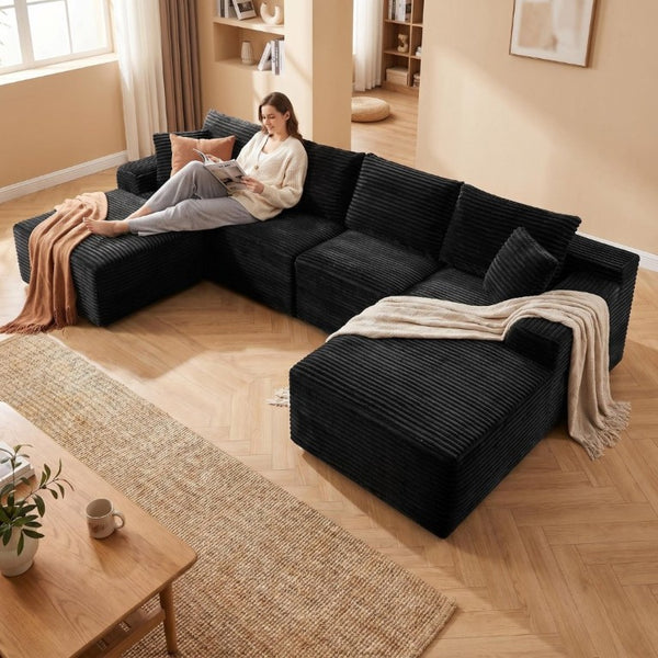 English Elm 135.4 Corduroy Modular U-Shaped Sectional Sofa Cozy Ribbed Fabric Lounge Seating W5515S00082
