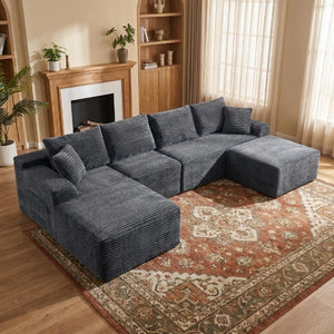 English Elm 135.4 Corduroy Modular Sectional U Shaped Sofa Seats Six for Cozy Living Rooms W5515S00083