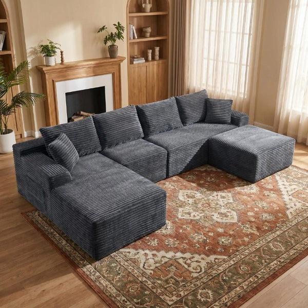 English Elm 135.4 Corduroy Modular Sectional U Shaped Sofa Seats Six for Cozy Living Rooms W5515S00083