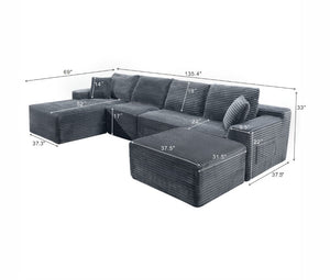 English Elm 135.4 Corduroy Modular Sectional U Shaped Sofa Seats Six for Cozy Living Rooms W5515S00083