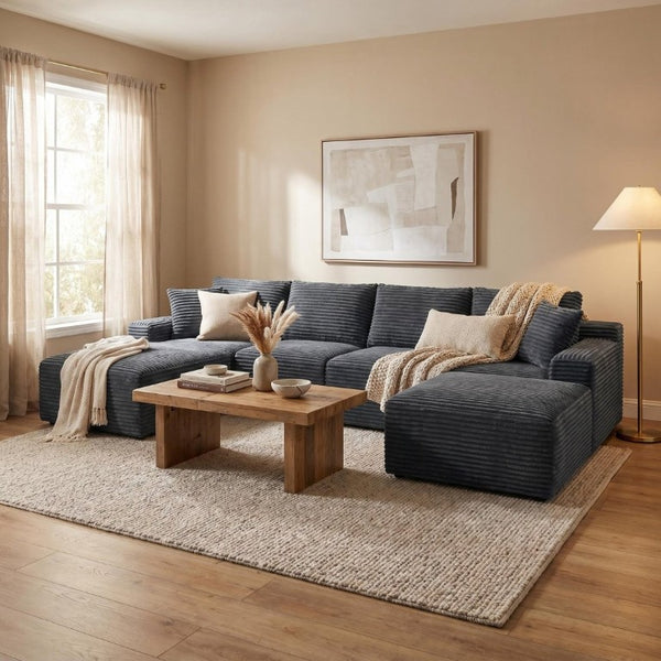 English Elm 135.4 Corduroy Modular Sectional U Shaped Sofa Seats Six for Cozy Living Rooms W5515S00083