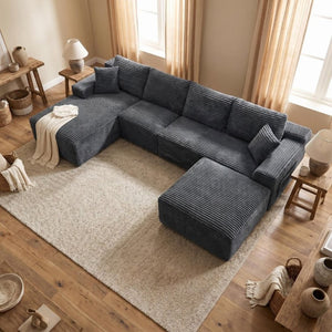 English Elm 135.4 Corduroy Modular Sectional U Shaped Sofa Seats Six for Cozy Living Rooms W5515S00083