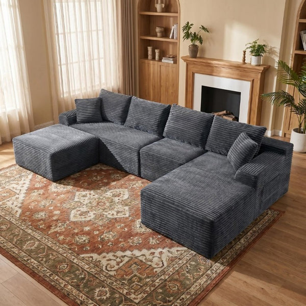 English Elm 135.4 Corduroy Modular U-Shaped Sectional Sofa Spacious Lounge Seating for Living Room W5515S00084